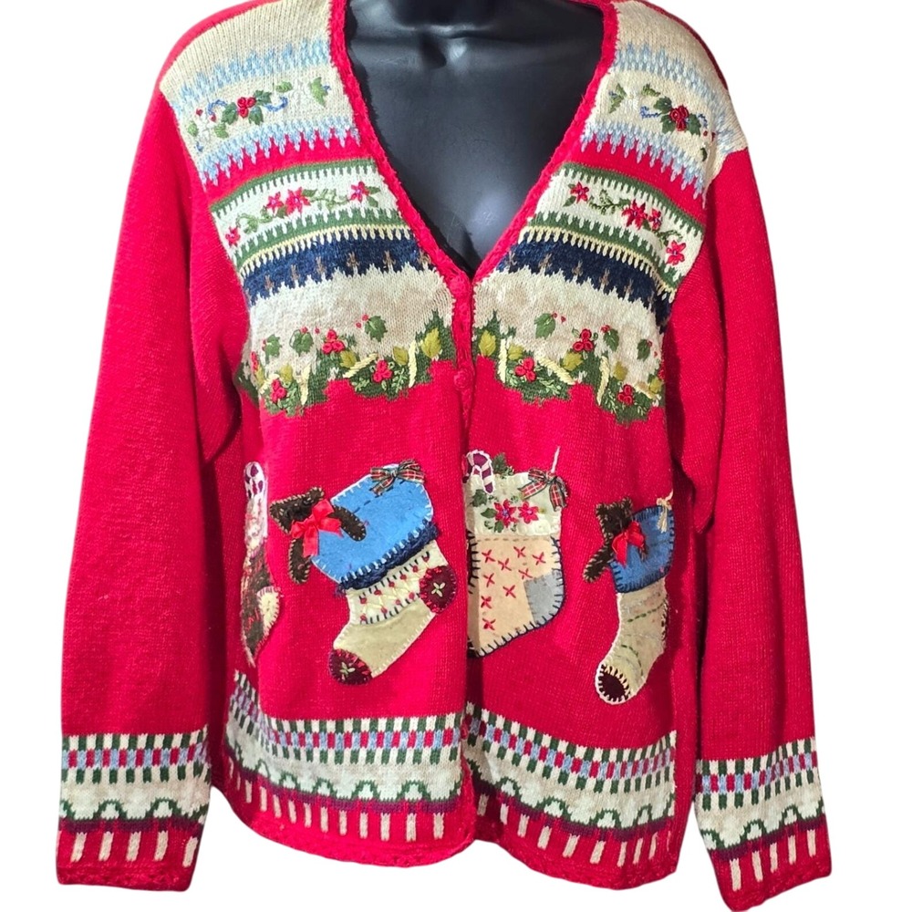 Heirloom Collectibles L Christmas Stocking Cardigan Red Sweater 1 Button Missing